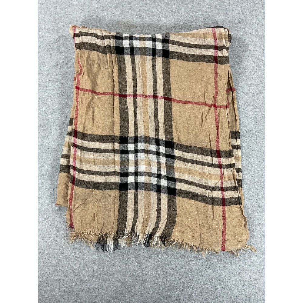 Tan Plaid Viscose Scarf Classic Check Pattern Frayed Edge Lightweight 3011